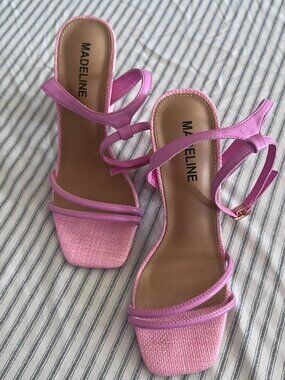 Pink strappy heels with block heel